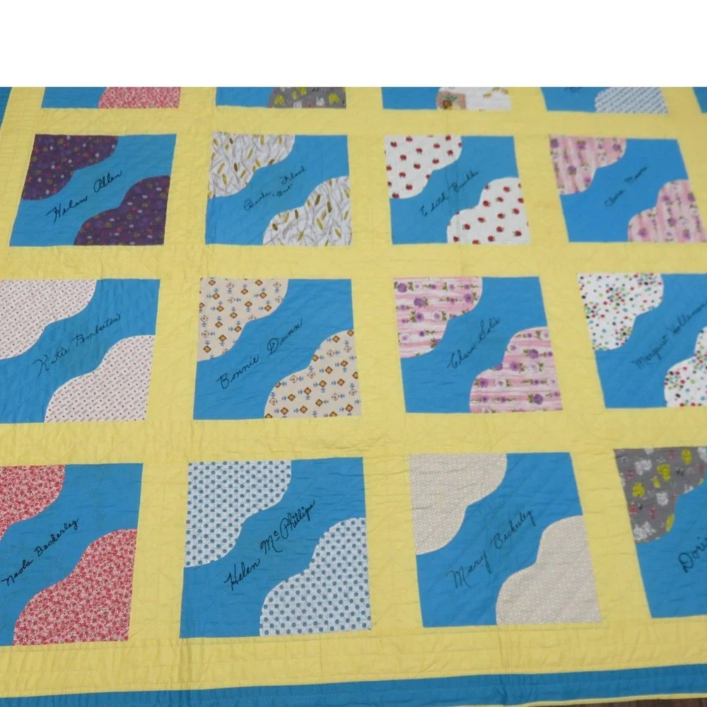 Vintage 1965‎ Handmade Friendship Quilt Embroidered Signed Patchwork Blue Yellow